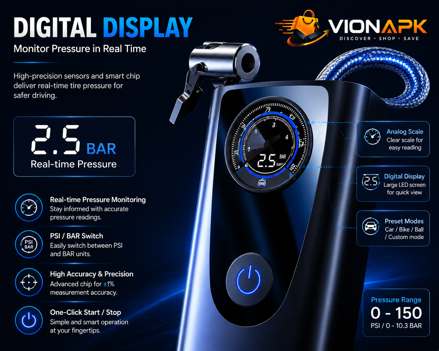 VIONAPK 120W Portable Electric Tire Inflator Air Pump