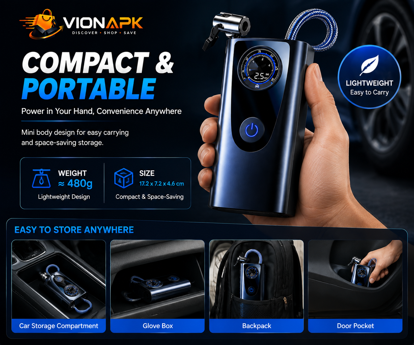 VIONAPK 120W Portable Electric Tire Inflator Air Pump