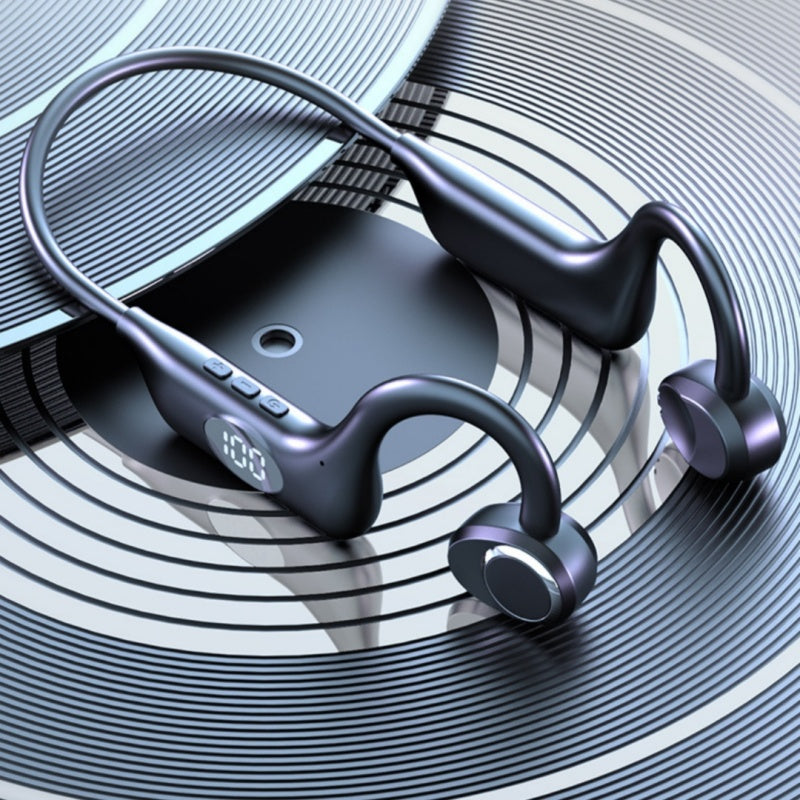 VIONAPK open-ear headset on a dark background with its digital display highlighted