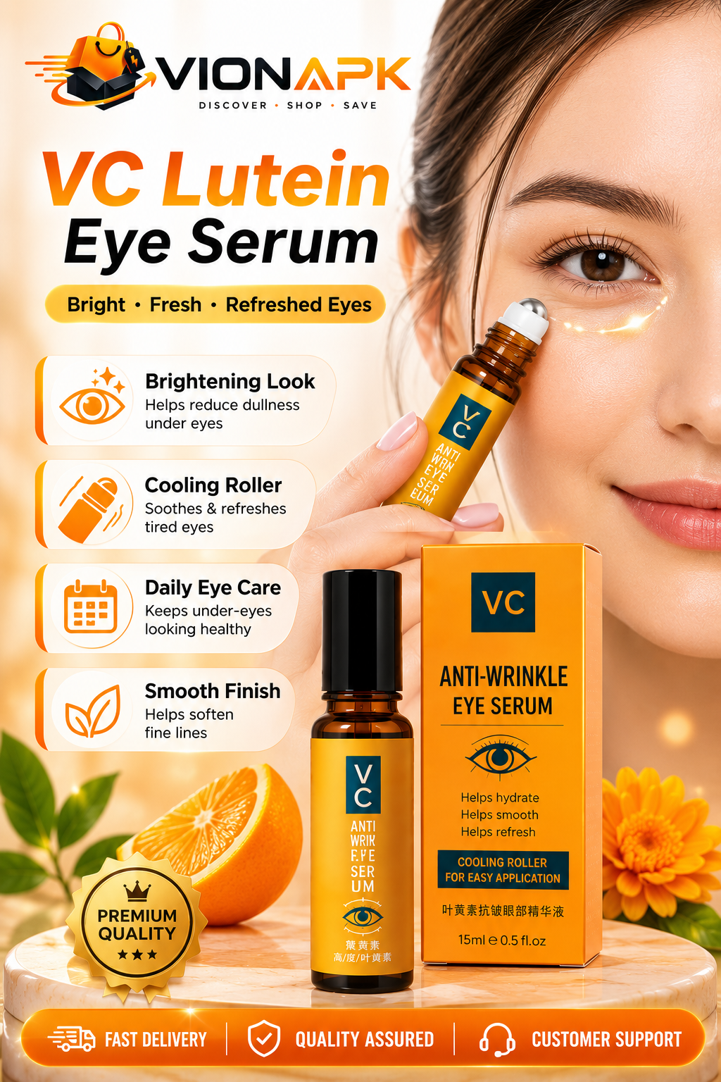 VIONAPK VC Lutein Eye Serum – Brightening, Hydrating & Anti-Wrinkle Under Eye Roller for Dark Circles & Fine Lines