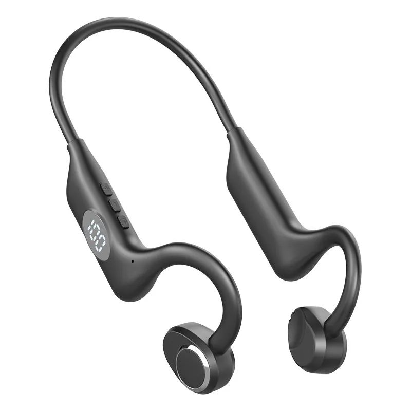 Black VIONAPK open-ear sports headset with wraparound band, three side buttons and a small digital display